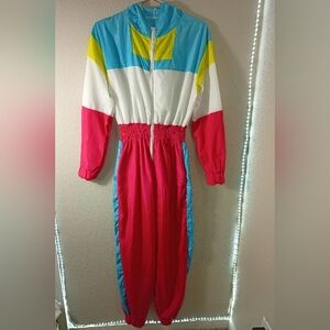 Women's Colorblocking One Piece Sweat Jumpsuit Elastic Waist sz L